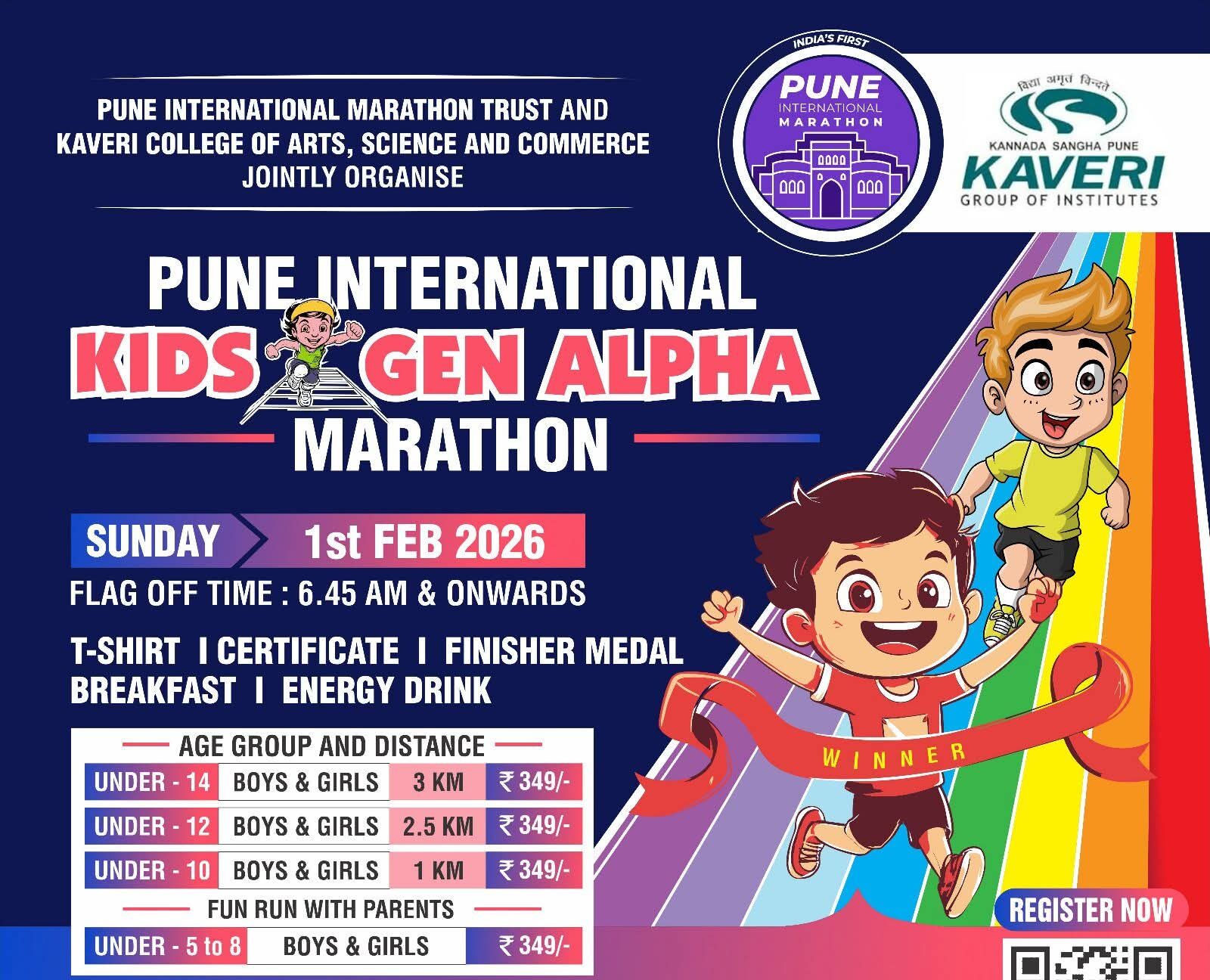 The Department of Physical Education & Sports, of Kaveri College, Pune in Collaboration with Pune International Marathon Trust Pune (PIMT) Successfully Organized International Kids Gen Alpha Marathon 2026