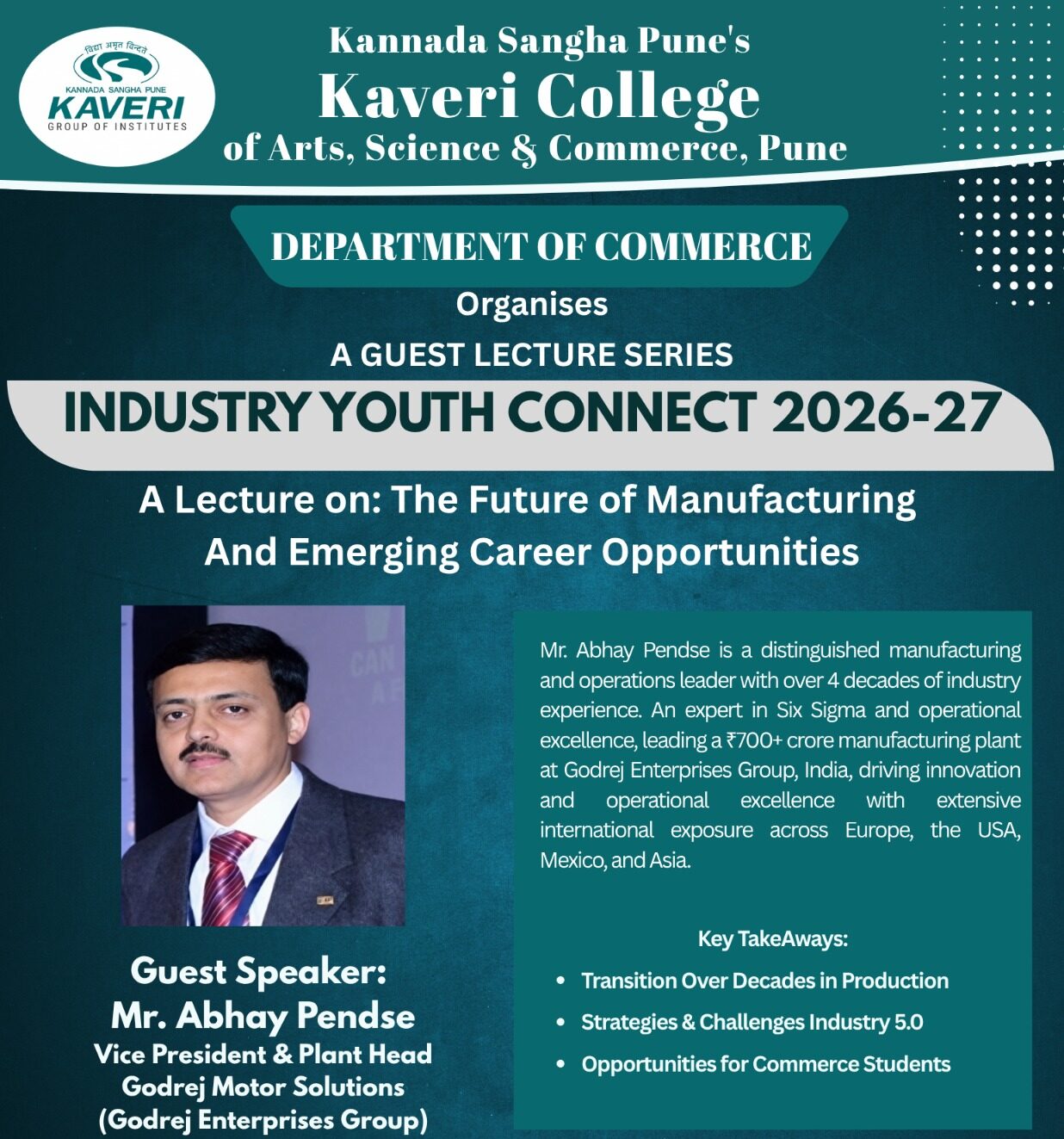 A Guest Lecture Under The Series Industry Youth Connect 2026 - 27 Titled “The Future of Manufacturing and Emerging Career Opportunities